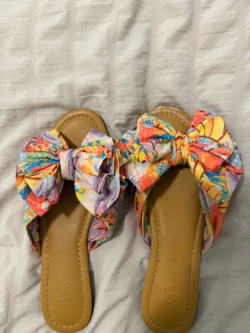 Gianni Bini Multicolor Floral Bow Slide Sandals with Tan Footbed